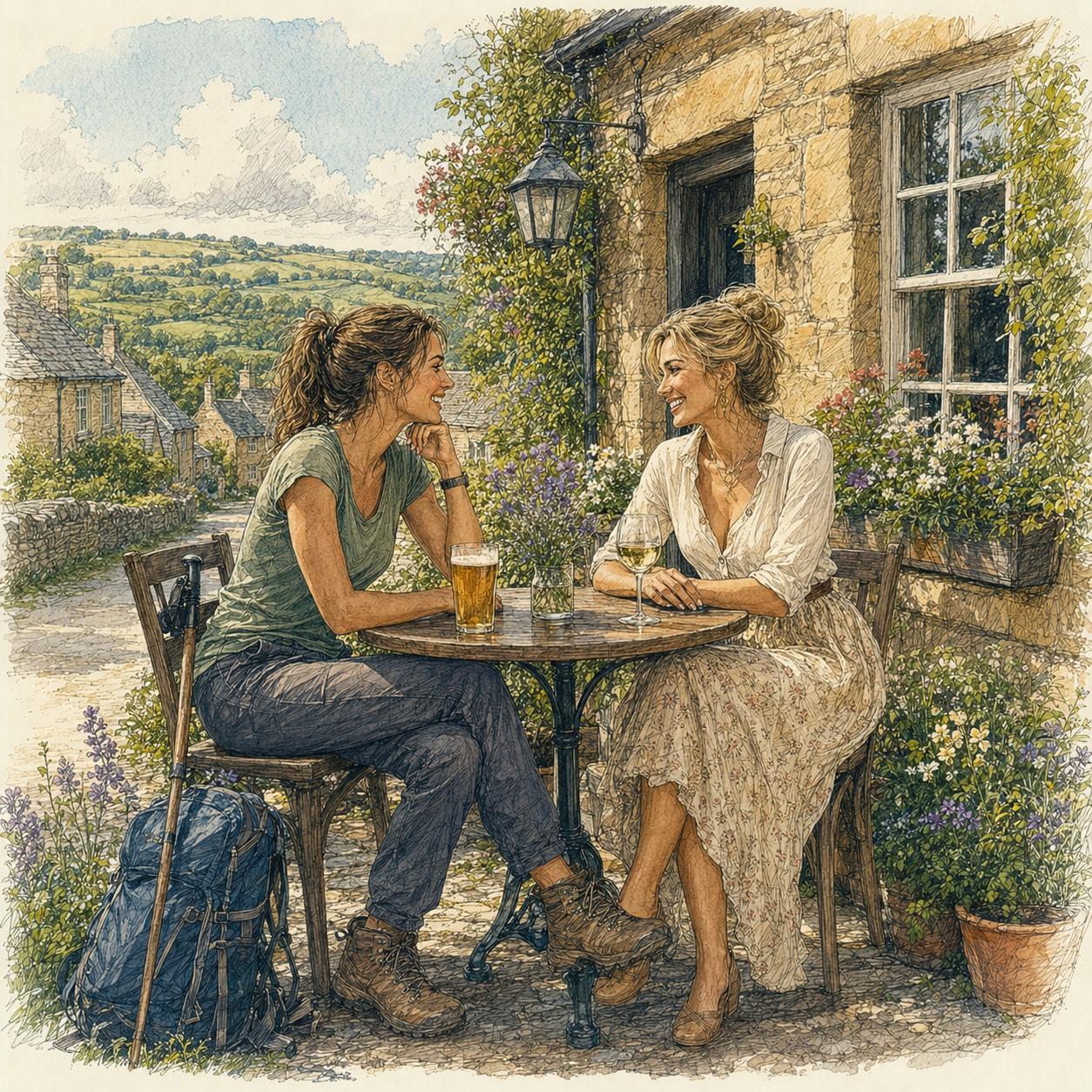 A hiker drinking a beer chats with another woman drinking white wine at an outdoor table at a British pub
