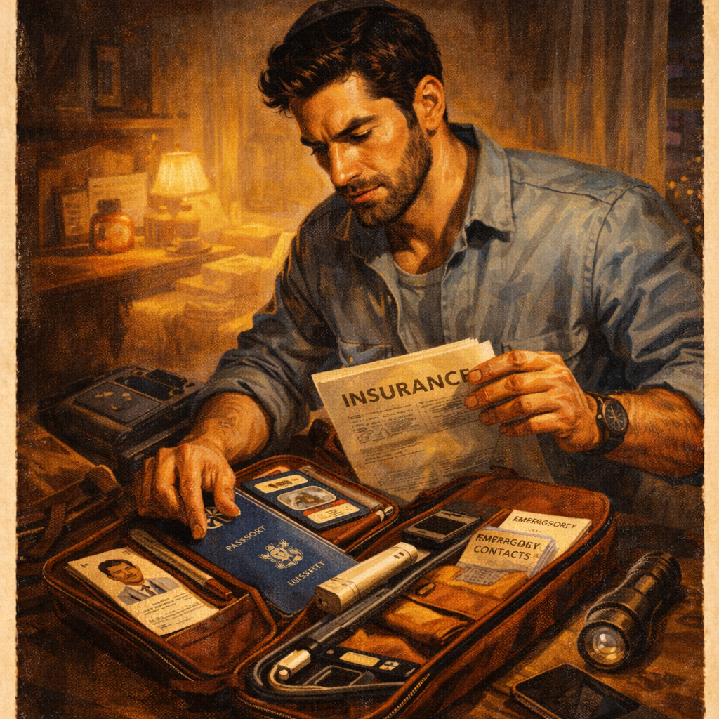 A man preps his travel emergency preparedness toolkit, with his passport, insurance policy, emergency documents and other items