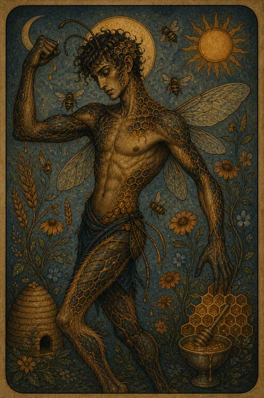 A creature half-man, half- bee flexes his muscles, surrounded by the moon, sun, bees, flowers, wheat, a hive and honey