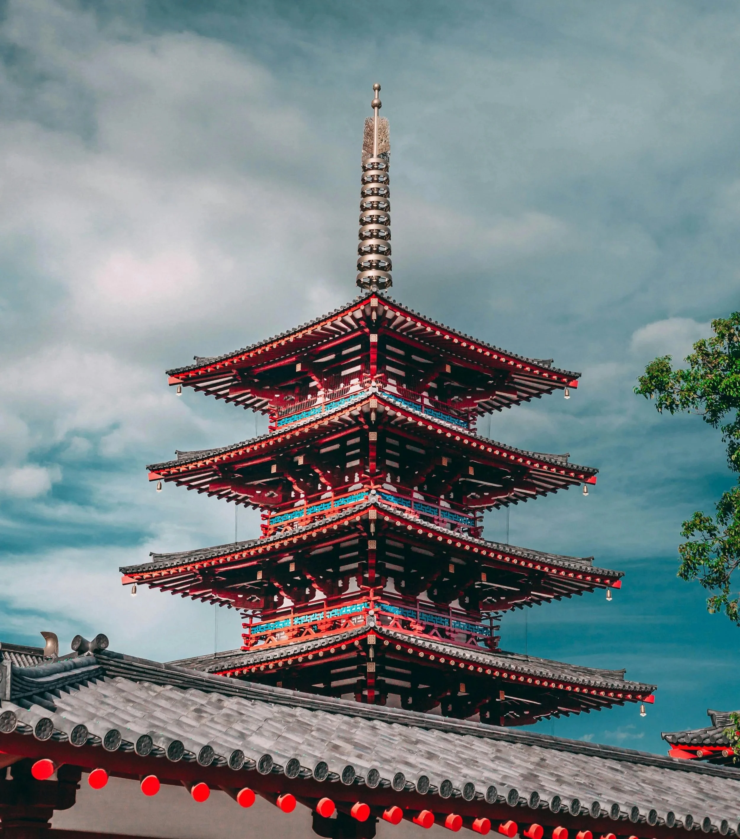 The top spires of Shitennoji Temple in Osaka, Japan
