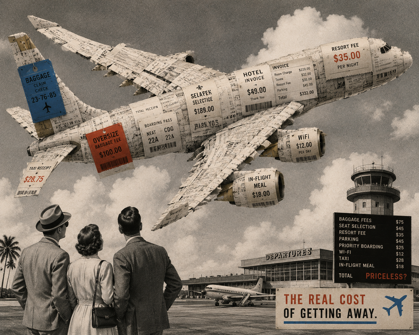 A plane made of receipts takes off from an airport as three people watch in a vintage collage
