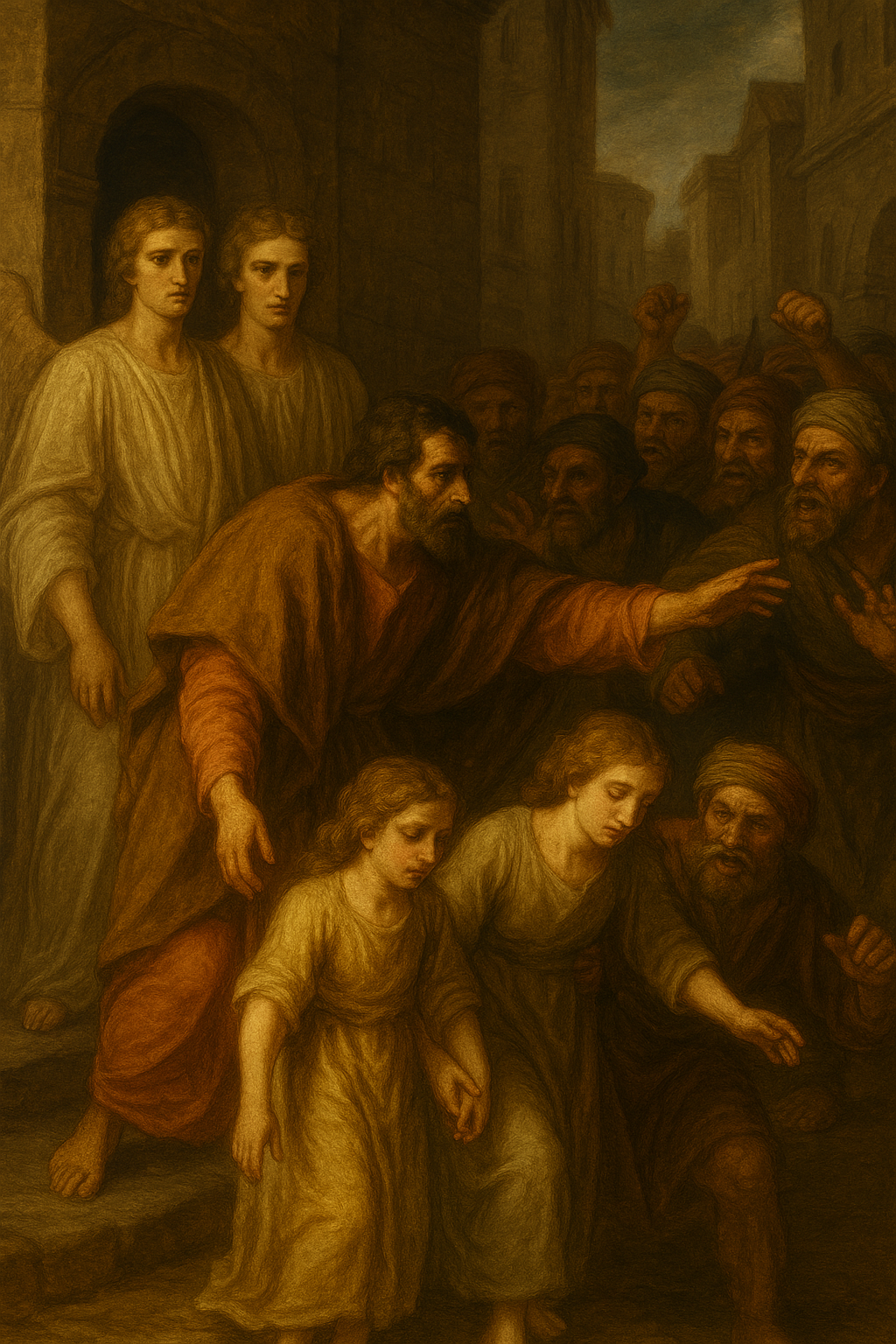 Lot protects two angels from a mob of men who want to rape them, offering up instead his two young daughters