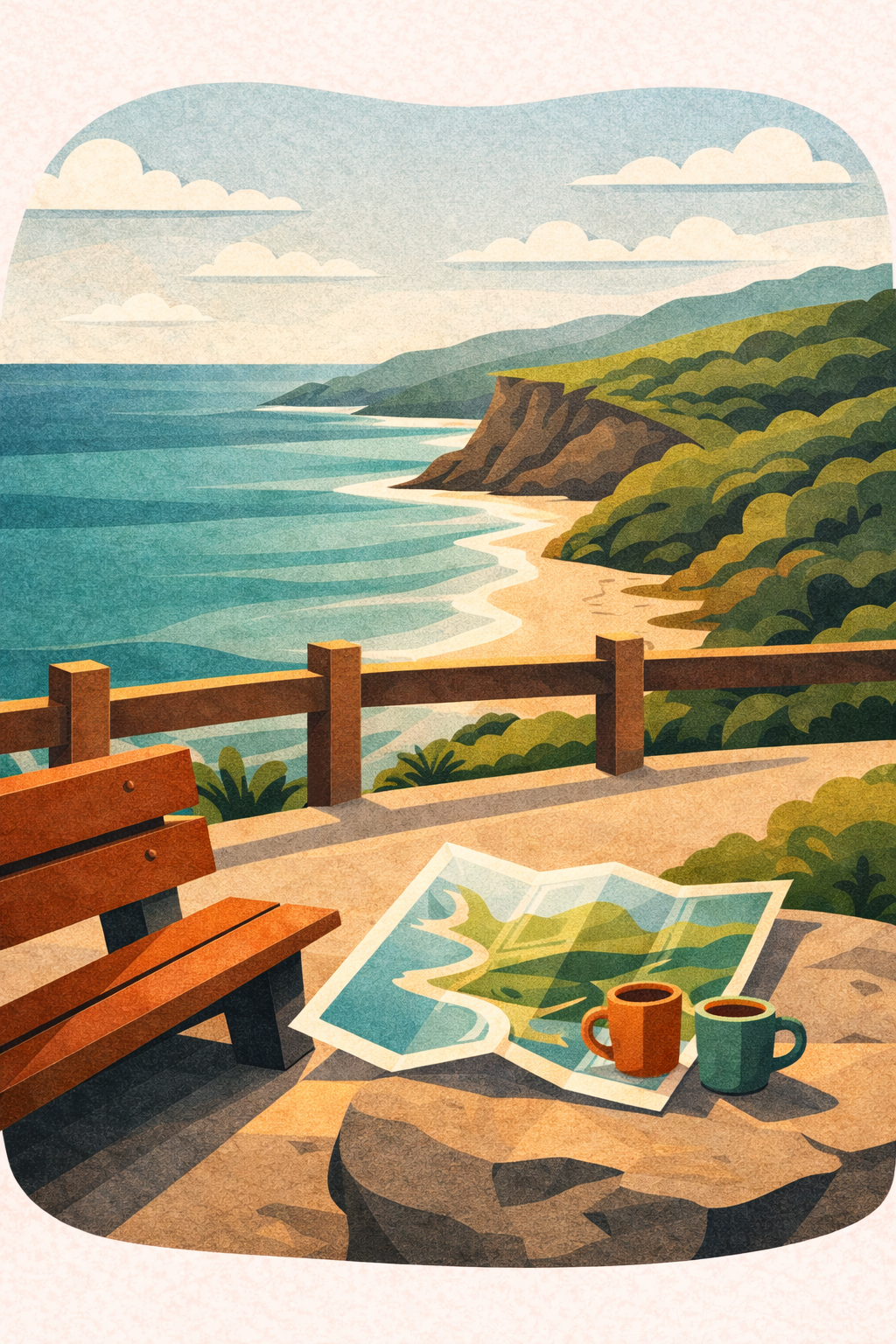 A map and coffee cups by a bench along a road overlooking the water in New South Wales, Australia