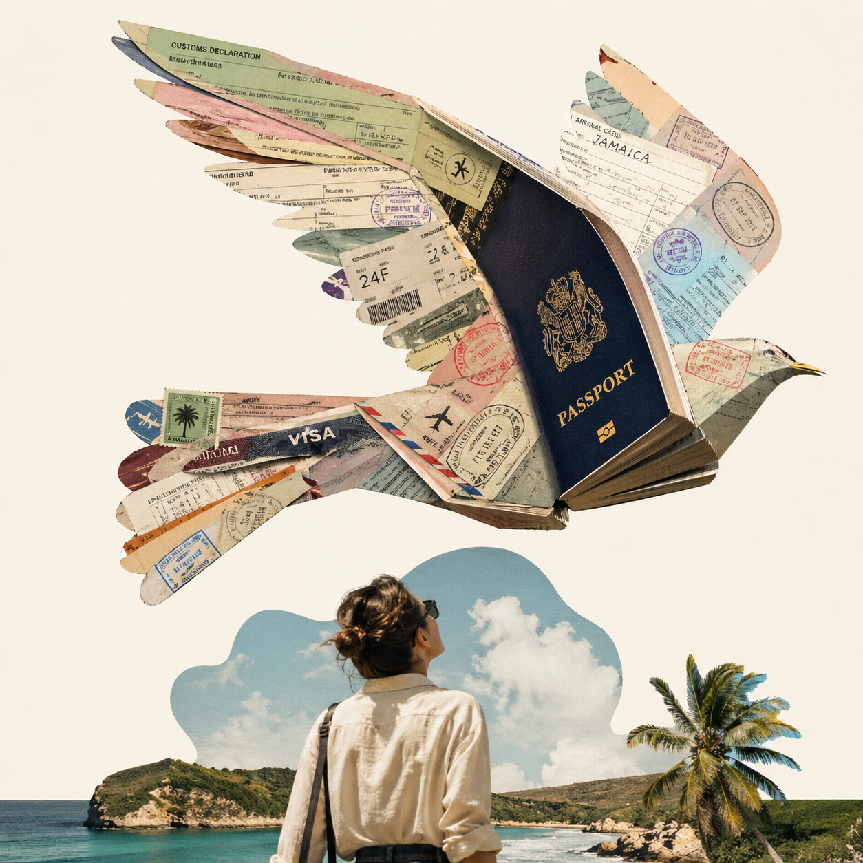 Collage of a woman on a beach looking up at a large bird made of visas, passports and other travel documents