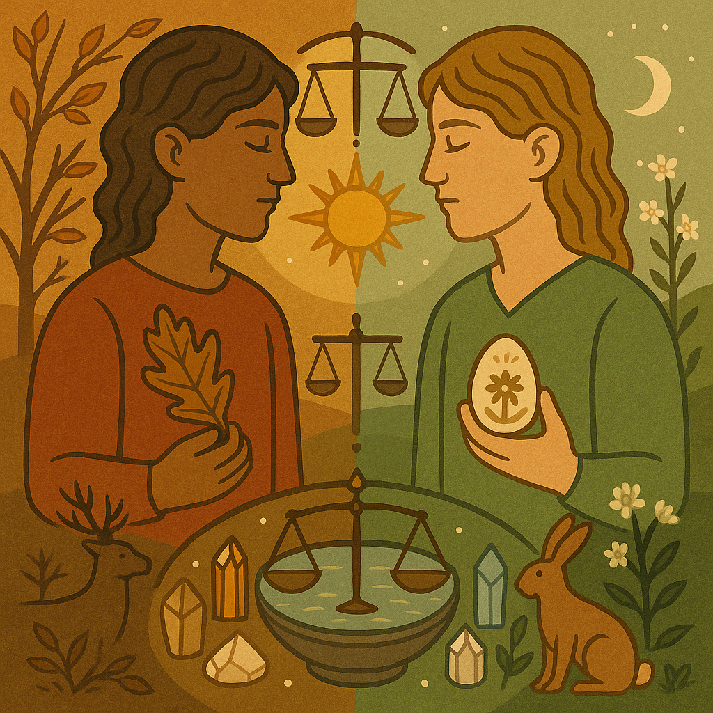 Two people divided with scales between them, and symbols of Mabon and fall on one side, and Ostara and spring on the other