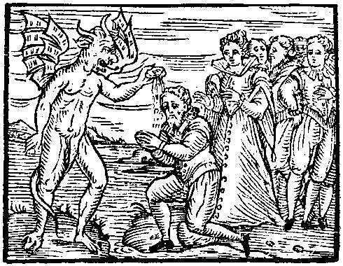 Historic woodcut of people being baptized by the Devil