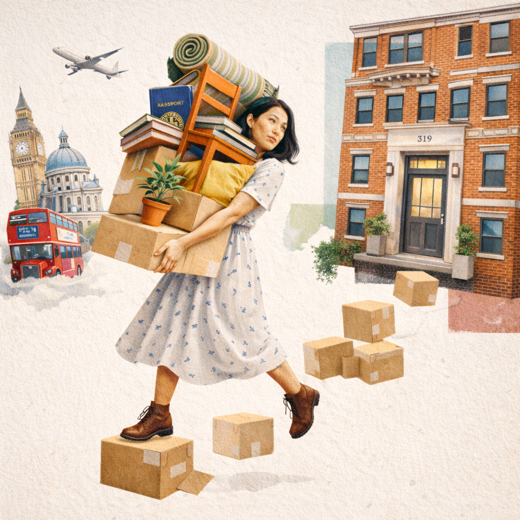 A woman is moving from London, carrying a high stack of items, leaving an apartment building and a trail of moving boxes, with Big Ben, Saint Paul's Cathedral, a double decker bus and a plane in the background