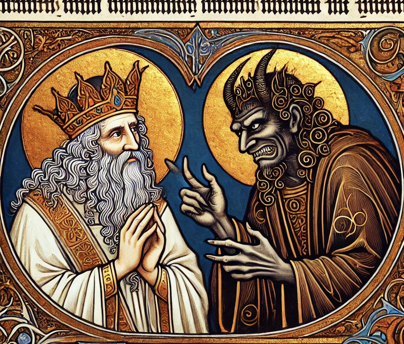 God talks with the Adversary aka Satan, depicted as a black-skinned, horned man