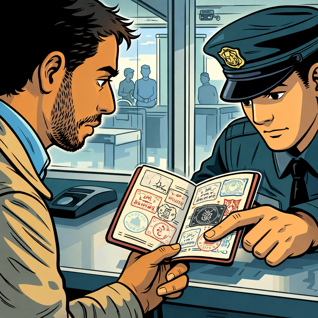 A Customs agent points to a troublesome "stamp of doom" in a man's passport