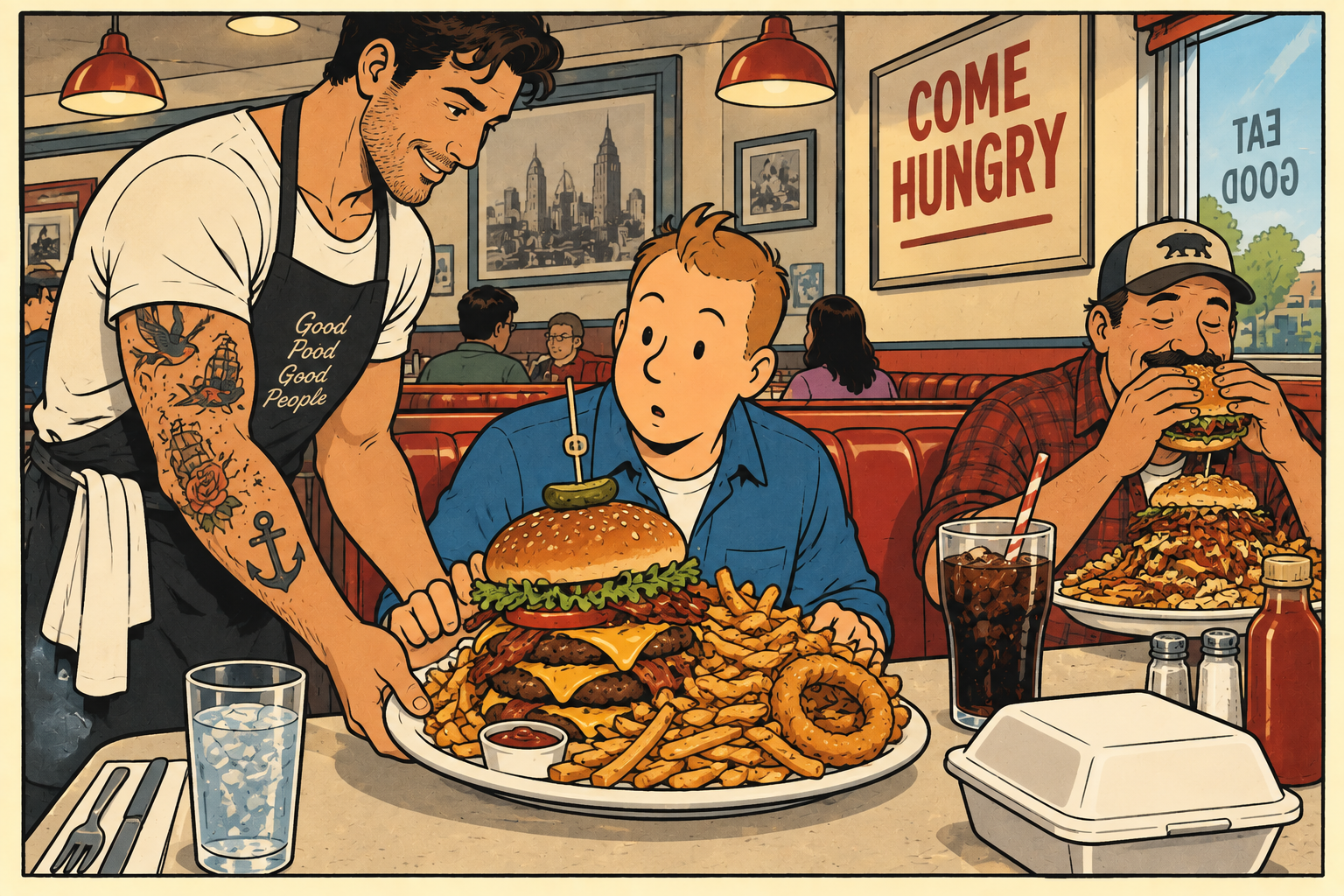 A hot tattooed waiter puts down a plate loaded with a huge hamburger, frieds and onion ring in front of an astonished man, while another man digs into his burger