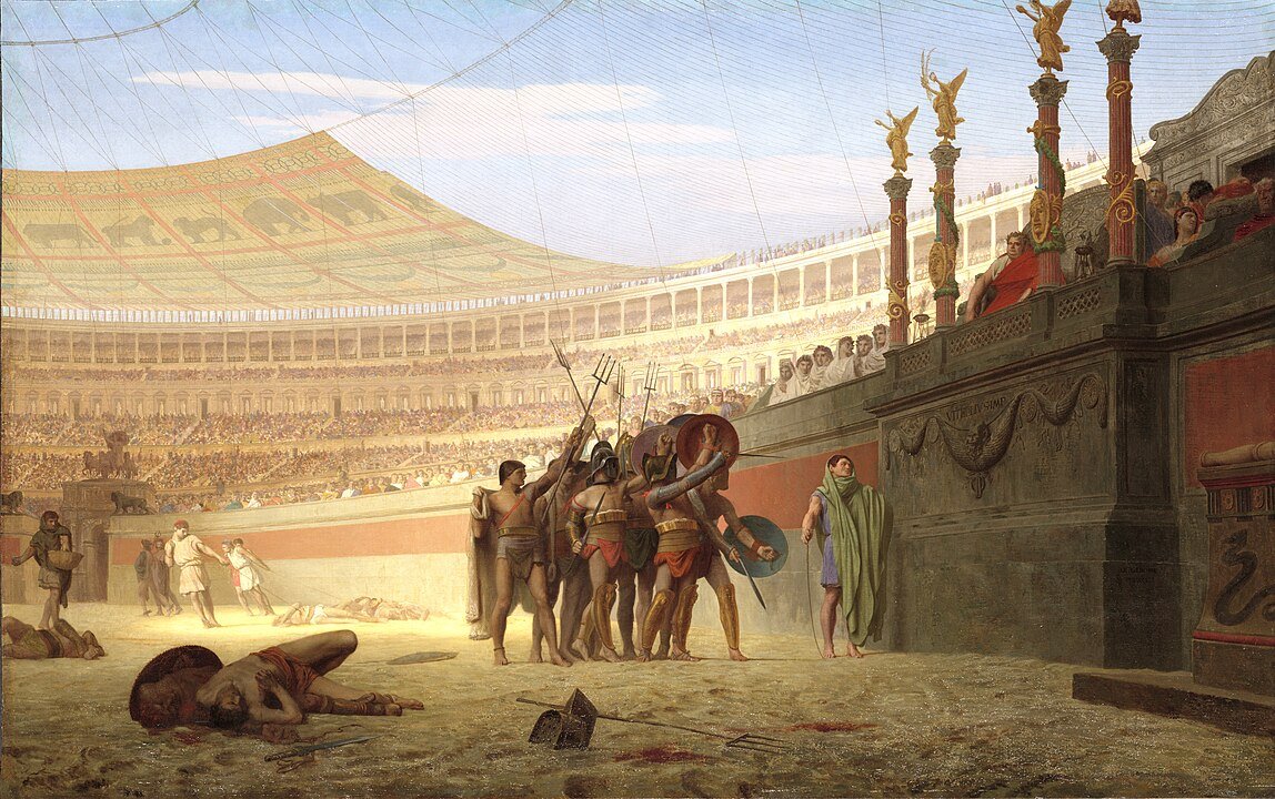Painting of a gladiatorial match originally known as Hail, Caesar! We Who Are About to Die Salute You by Jean-Leon Gerome