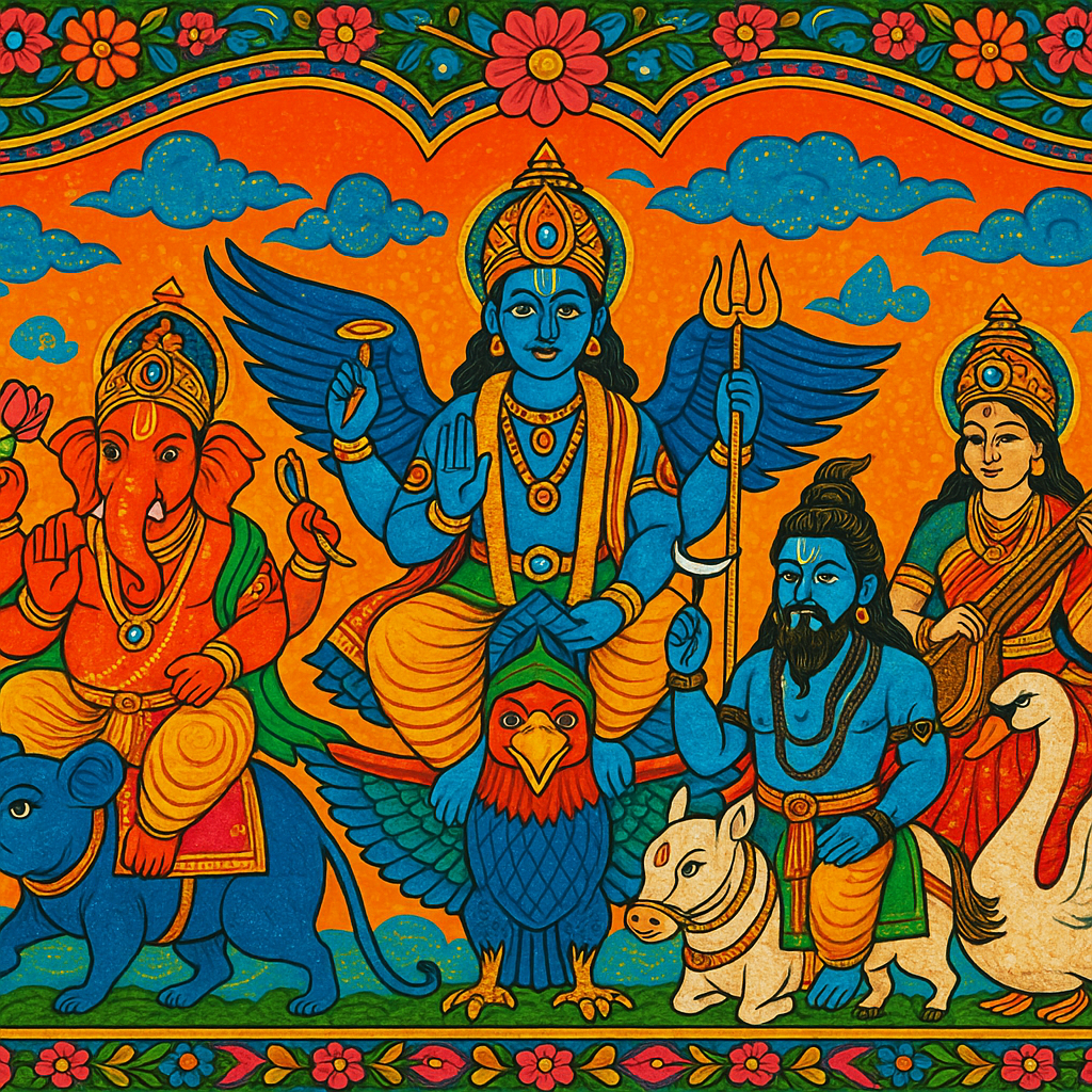 Ganesha on his mouse, Vishnu on Garuda, Shiva on the Nandi Bull and Saraswati on her swan