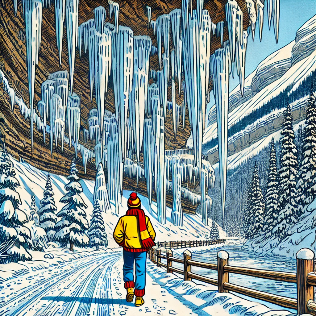Icicles hang down as a person walks in the snow in Banff National Park