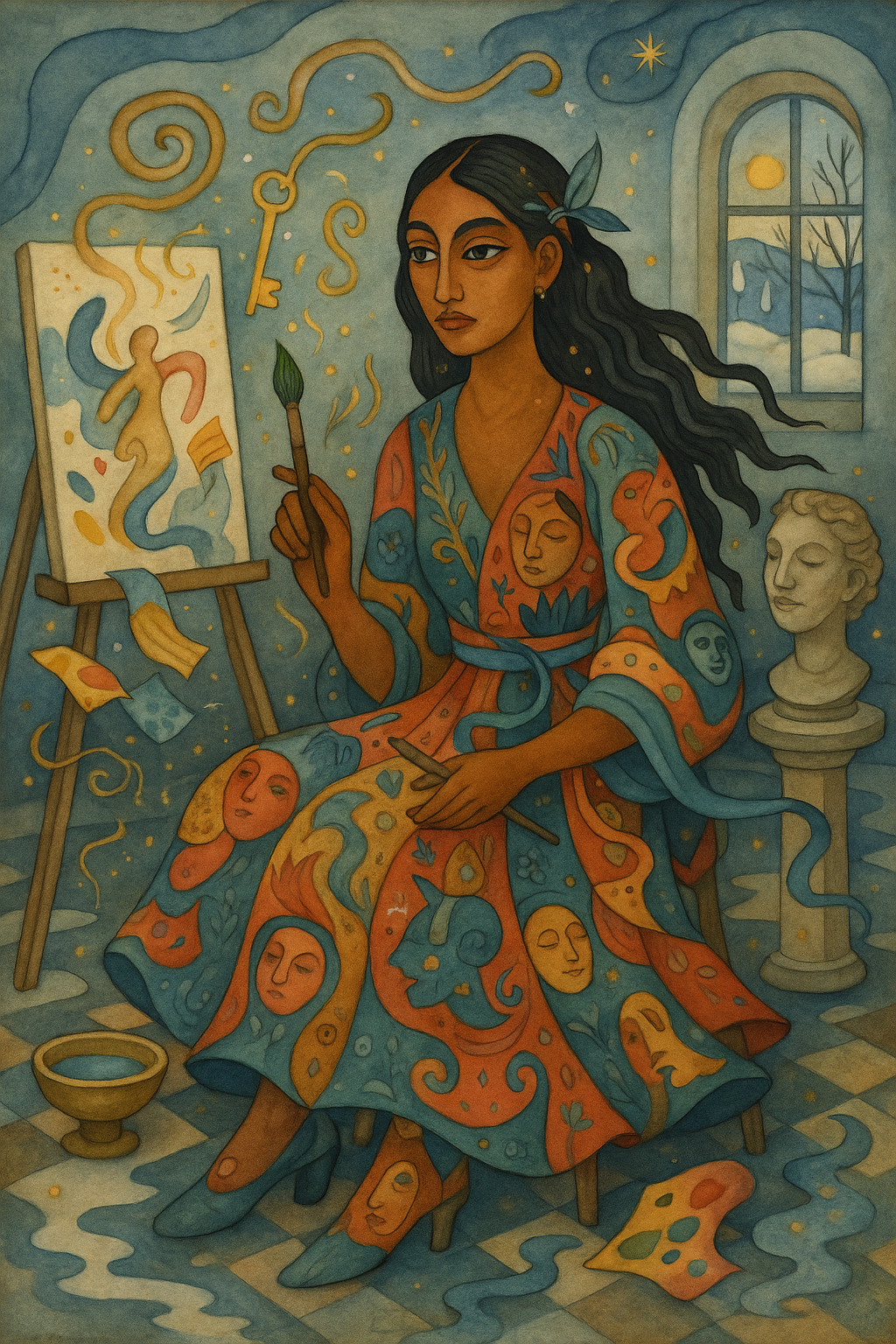 The Artist as a tarot card, with a bust behind her and a canvas and paintbrush, while wearing a robe with faces on it, as magic swirls and produces a key