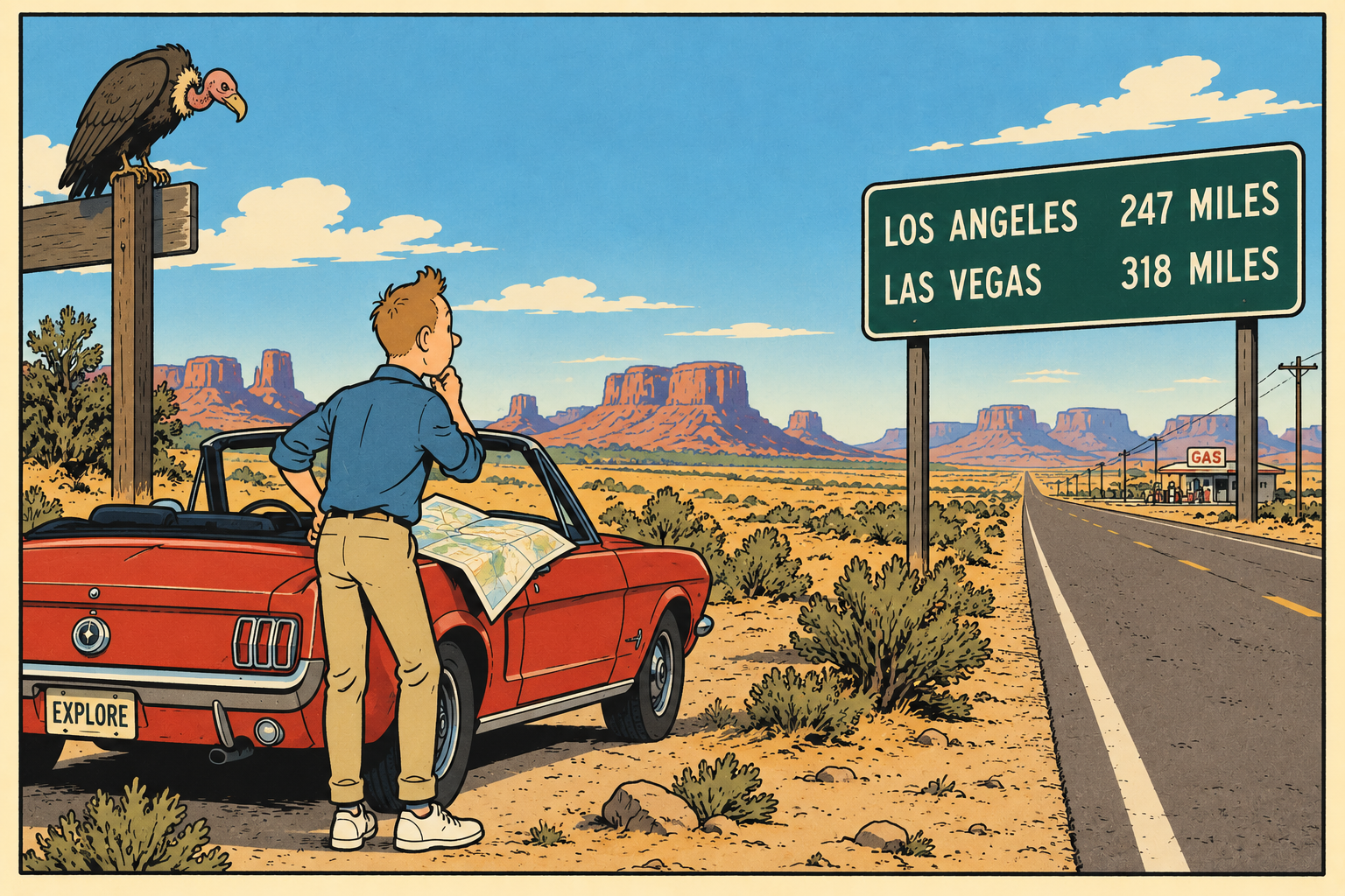 A man stands by his convertible car looking at a map and a sign reading, Los Angeles 247 Miles, Las Vegas 318 Miles, while a vulture looks down at him