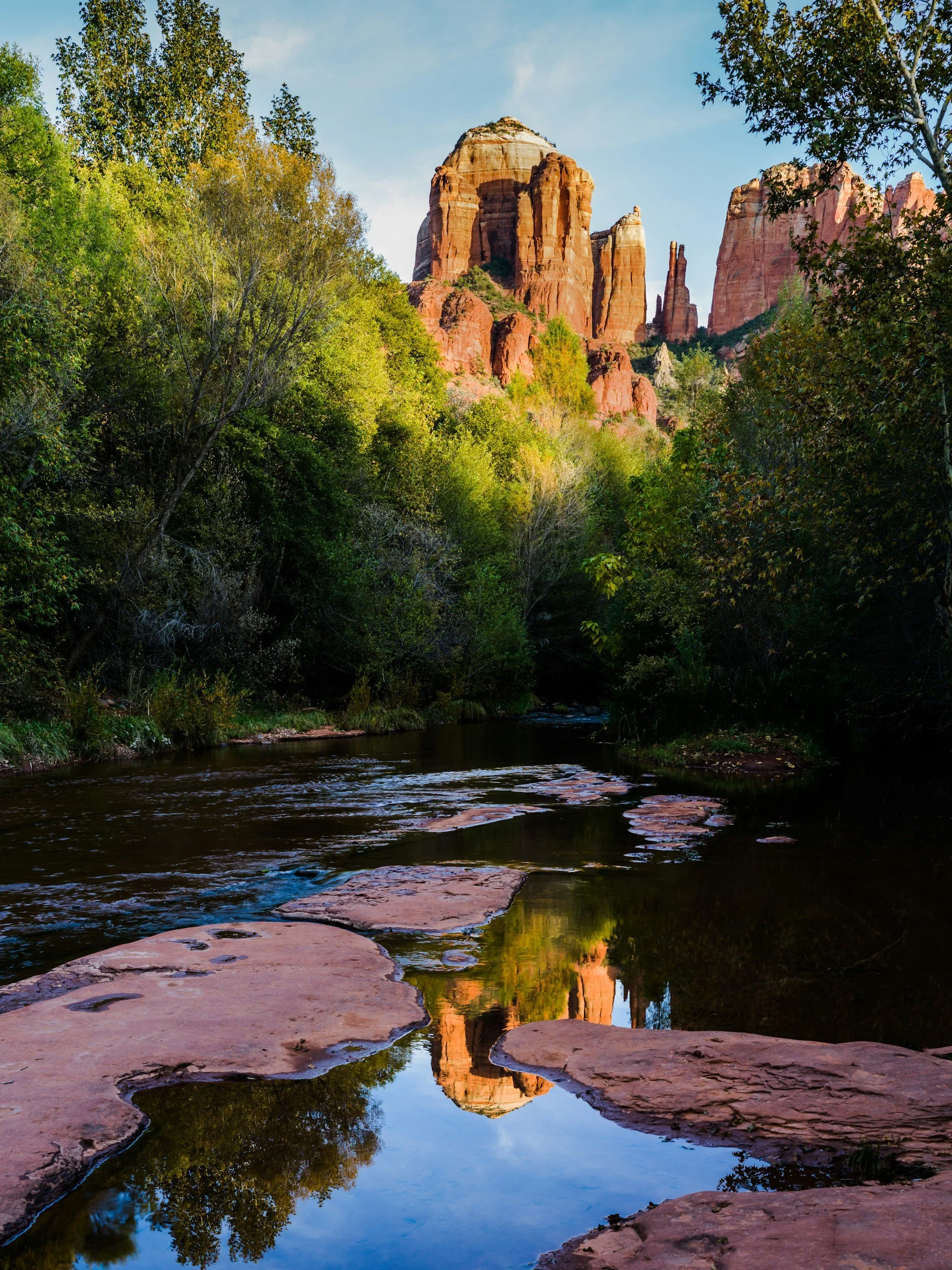 Rock formations and trees, with their reflections in small pools in Sedona, Arizona, USA