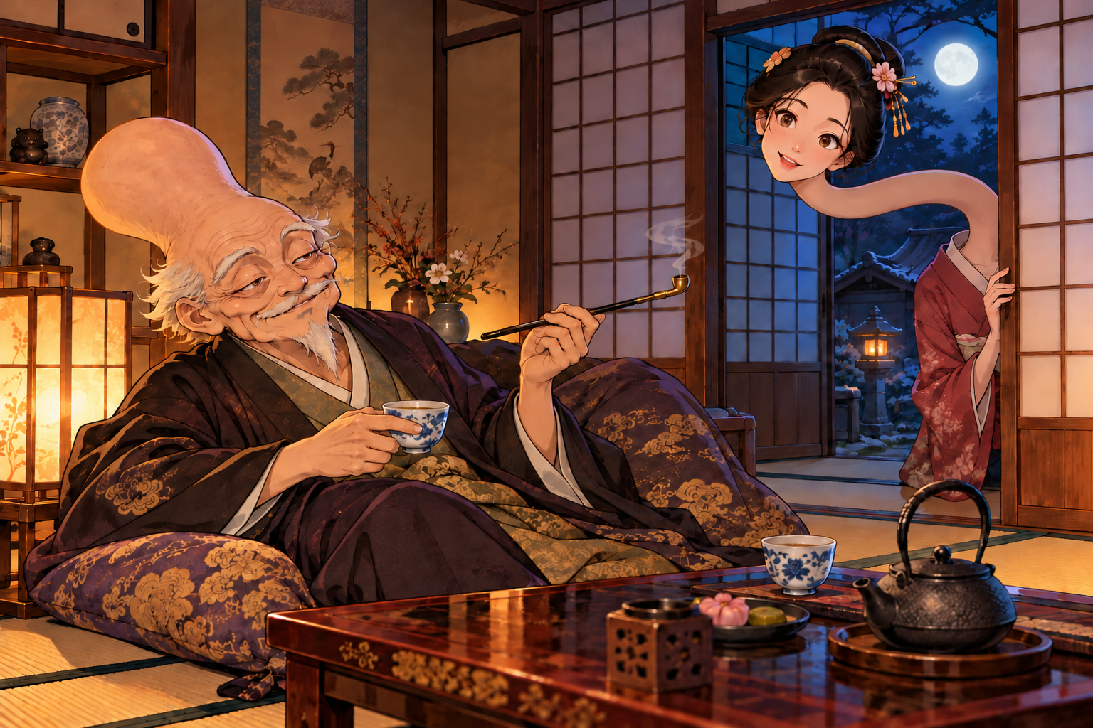 A nurarihyon, with a gourdlike head, sips tea and smokes a pipe while a rokurokubi woman stretches her long neck into the room