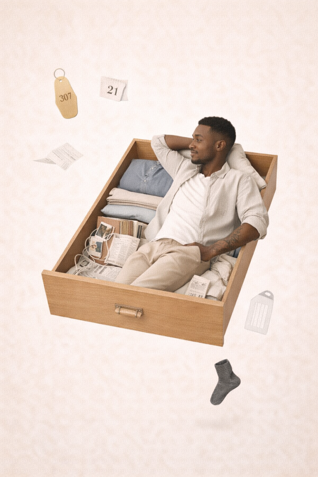 A collage of a man relaxing in a drawer packed with clothes and documents, with a hotel keyring, calendar date, luggage tag, sock and receipt in the air