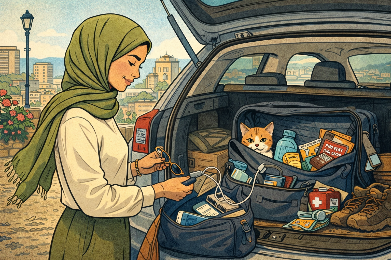 A woman in a headscarf in Lebanon packs her trunk full of items for a roadtrip, including first aid kit, chargers, boots, and a bag that her cat has snuck into