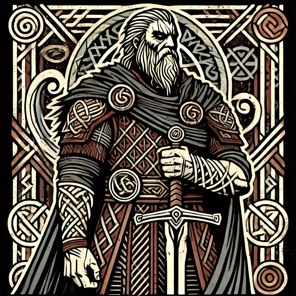 The Norse god Tyr clutches his sword, looking stern, surrounded by runes