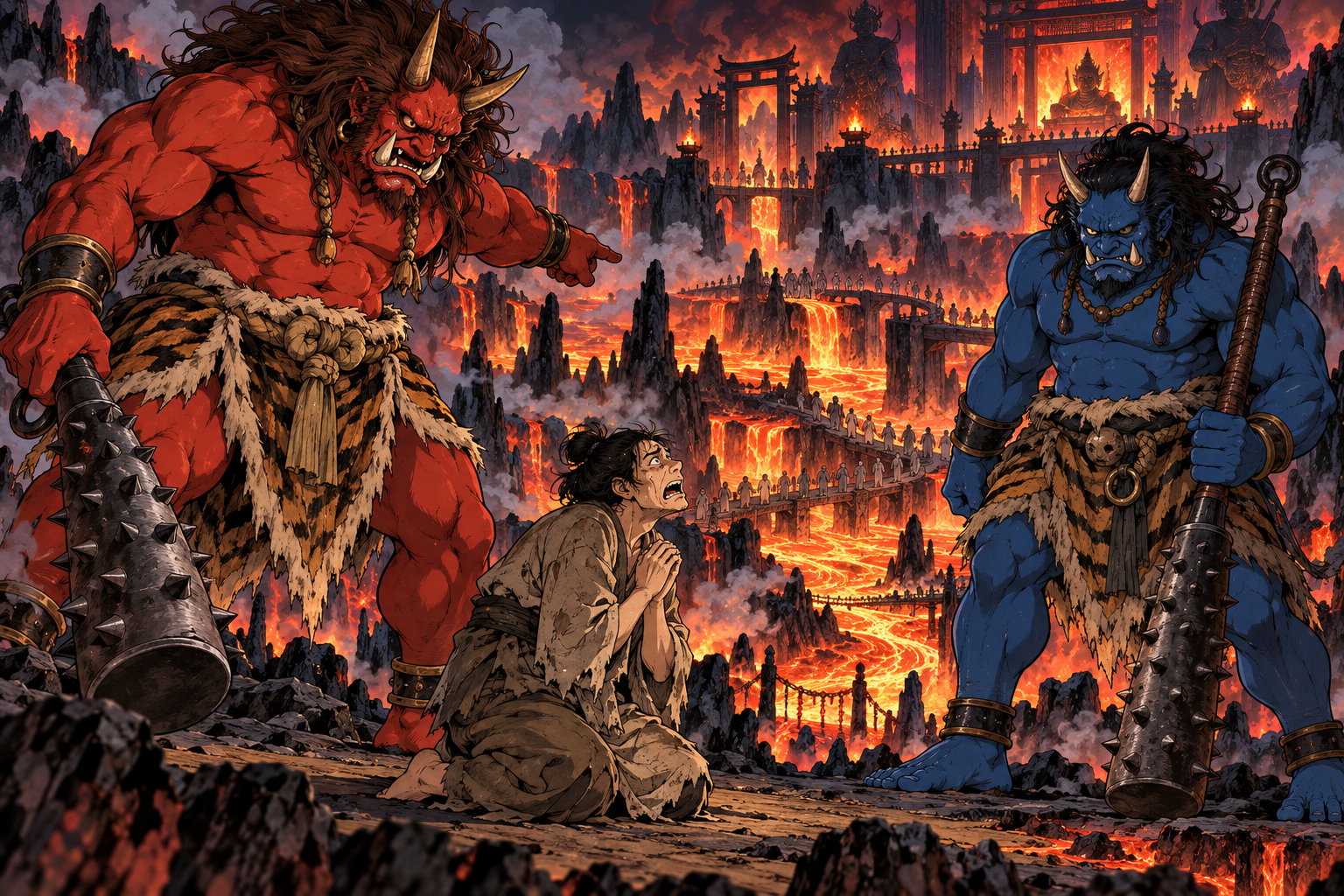 A man begs for mercy from a red and blue oni, giants with horns and tusks, bearing clubs, in a Buddhist version of Hell