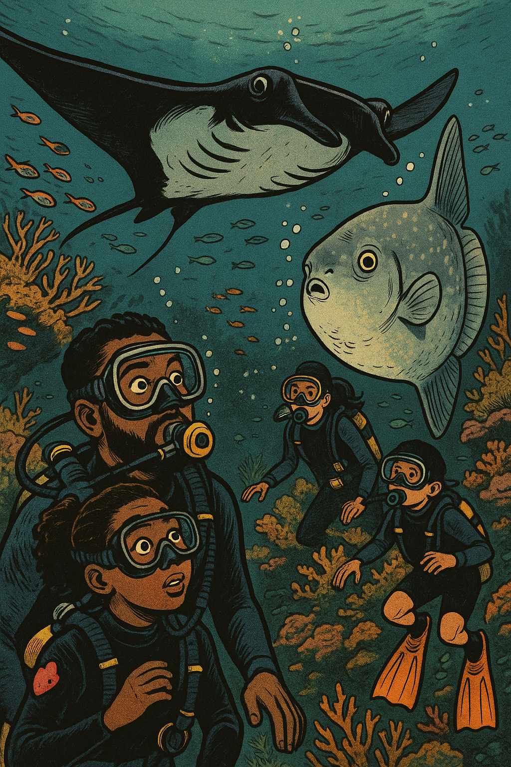 A family scuba dives at Nusa Penida in Bali, looking at a manta ray and a mola mola