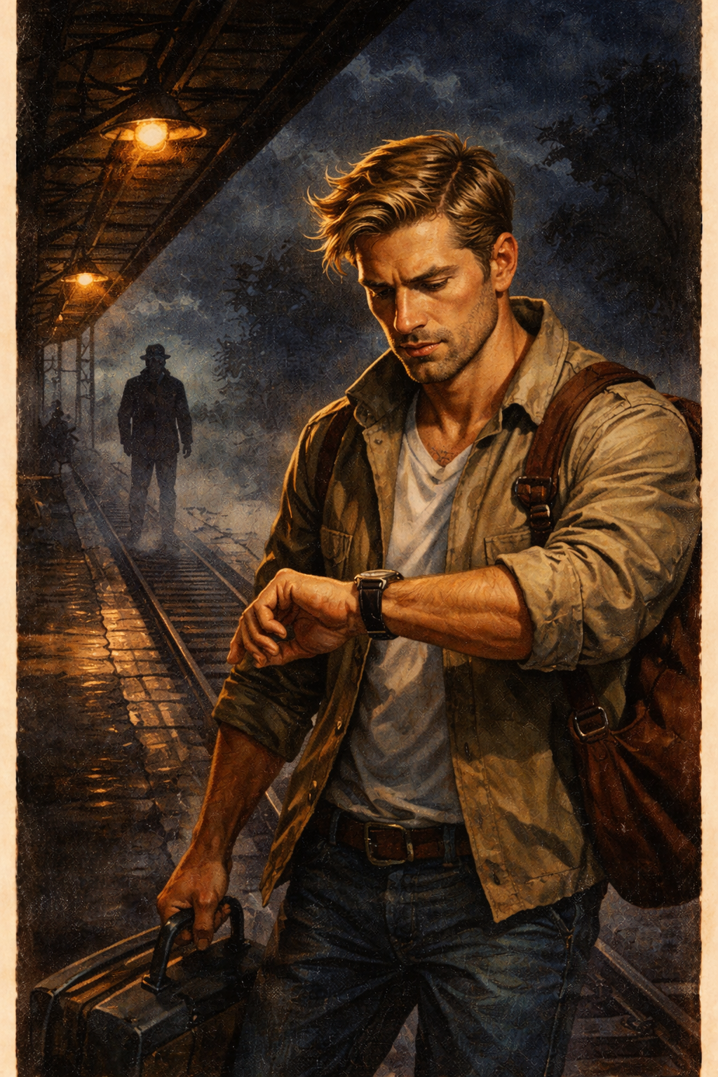 A man looks at his watch at an abandoned train station, while a shady character stands in the mist on the tracks