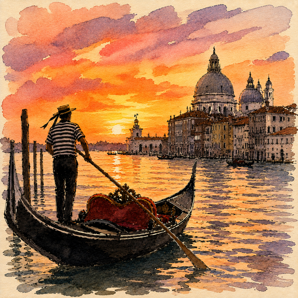 A gondolier in a gondola crosses the canal to the church in Venice, Italy, admiring the sunset