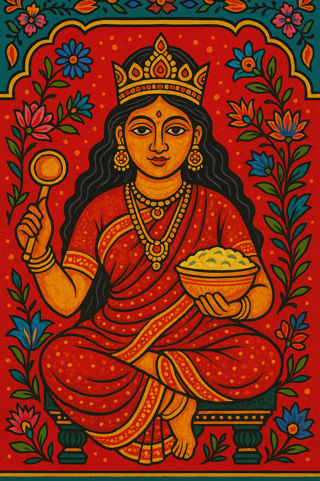 The Hindu goddess Annapurna, holding a ladle and bowl of food