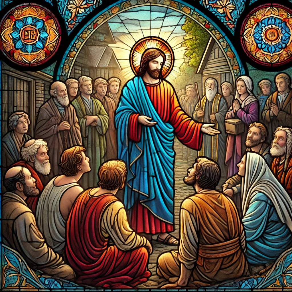 Stained glass style illustration of Jesus preaching to a crowd of people