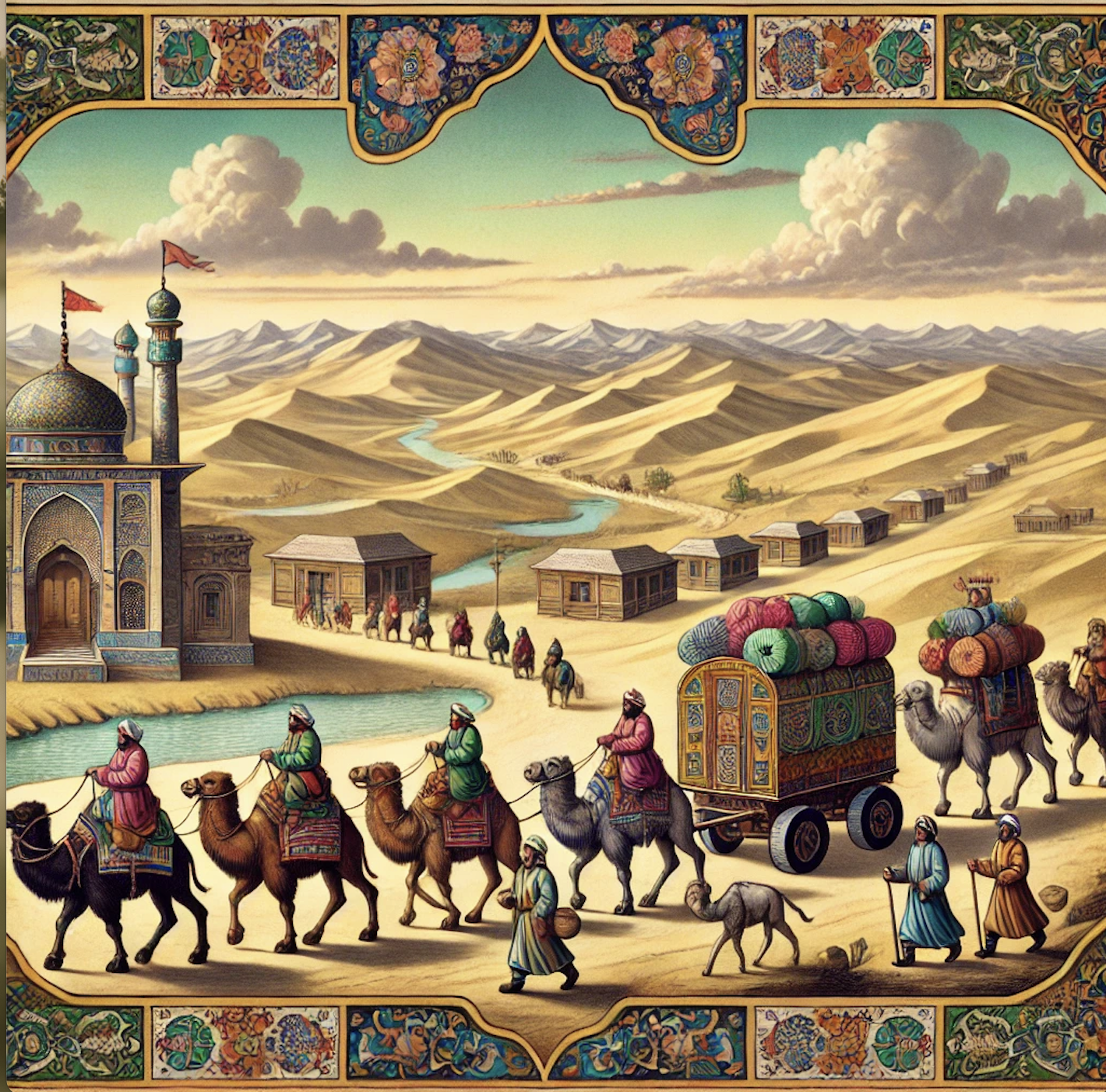 A Mongol trade caravan, with men riding on camels pulling carts loaded with goods, with way stations lined in the distance
