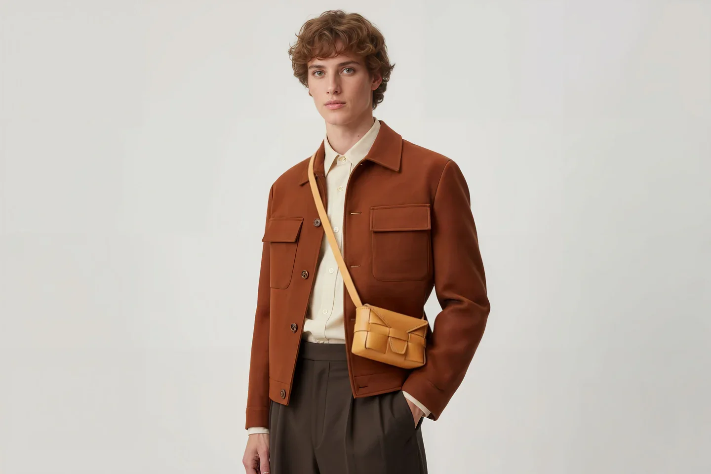 A man wears the Saka leather bag with strap from Atelier Madre