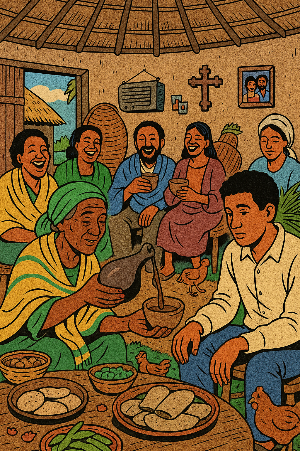 A group of people in an Ethiopian home pour tela by a table with food