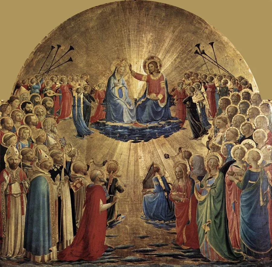 Coronation of the Virgin by Fra Angelico, showing people watching Jesus put a crown on the Virgin Mary as they float on a cloud