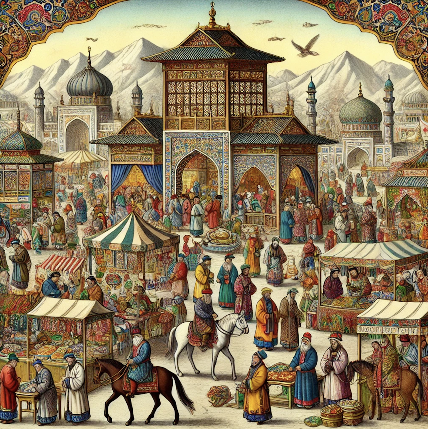 A bustling Mongol market showing goods from various cultures