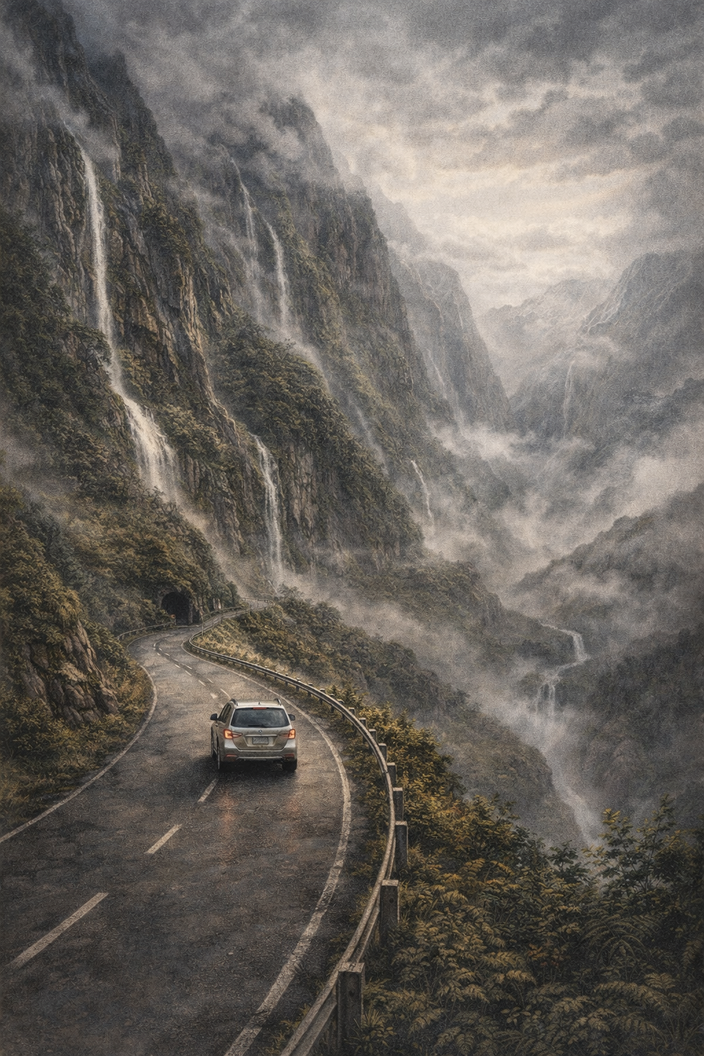 A car drives past misty waterfalls in the mountains of New Zealand