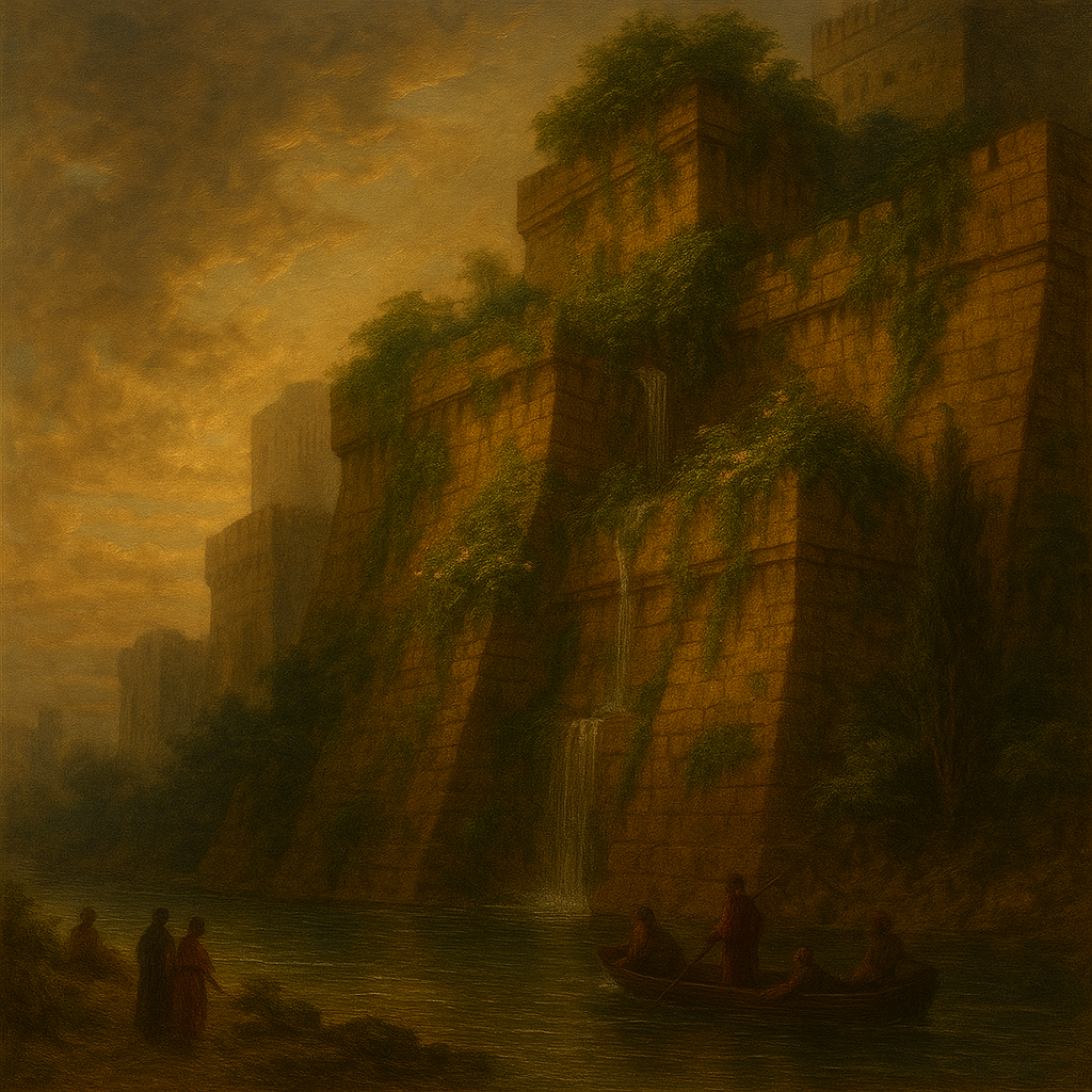 Greenery on the fortified walls known at the Hanging Gardens of Babylon, an Wonder of the Ancient World