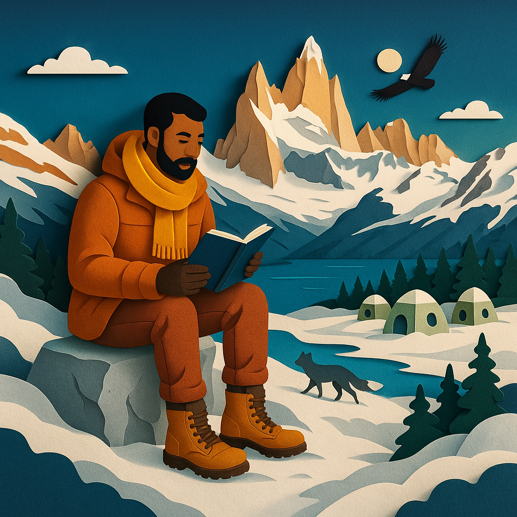 A man sits outside in the snow in Patagonia, reading a book, with a fox, mountains, eagle and tents in the distance