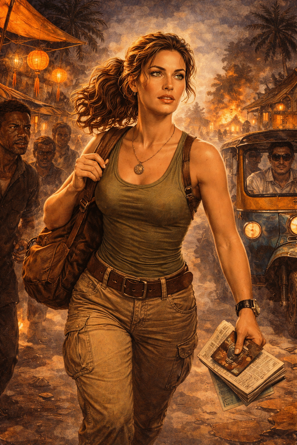 A woman in a tank top confidently strides through a village, while shady men eye her and a tuktuk passes by