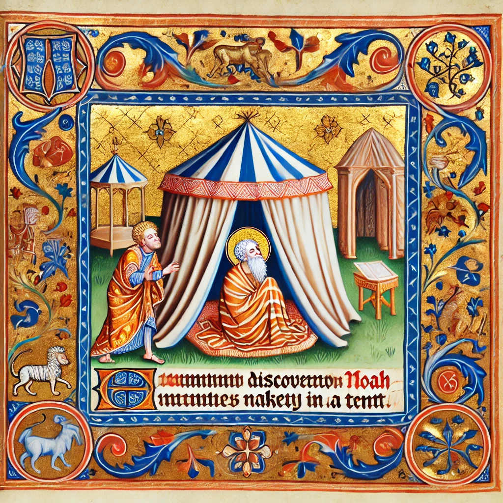 Noah's son discovers his drunk in a tent, where his other sons cover him with a blanket to cover his nakedness