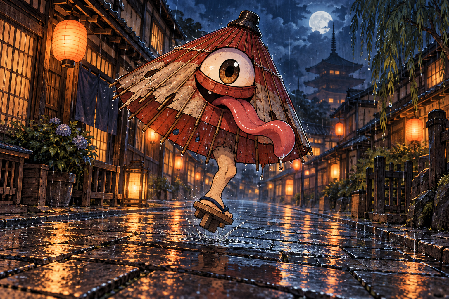 A karakasa, an umbrella with a large eye, long tongue and one leg, hops down the street in the rain