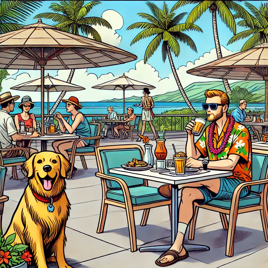 A man sips a drink on a restaurant patio in Hawaii, with the ocean in the background, palm trees overhead, sun umbrellas and a golden retriever
