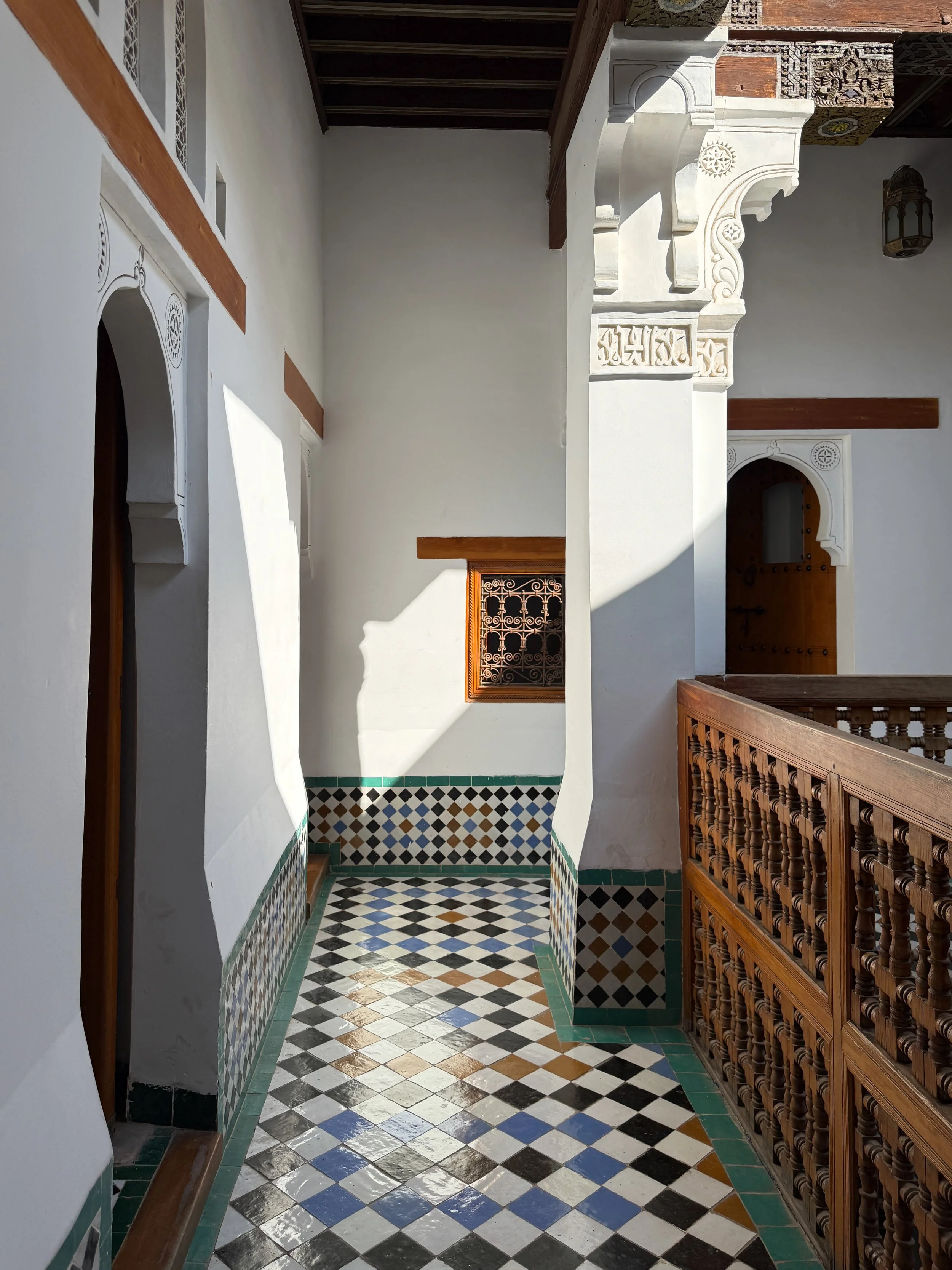 Upstairs hallway at Ben Youssef Madrasa in Marrakech, Morocco