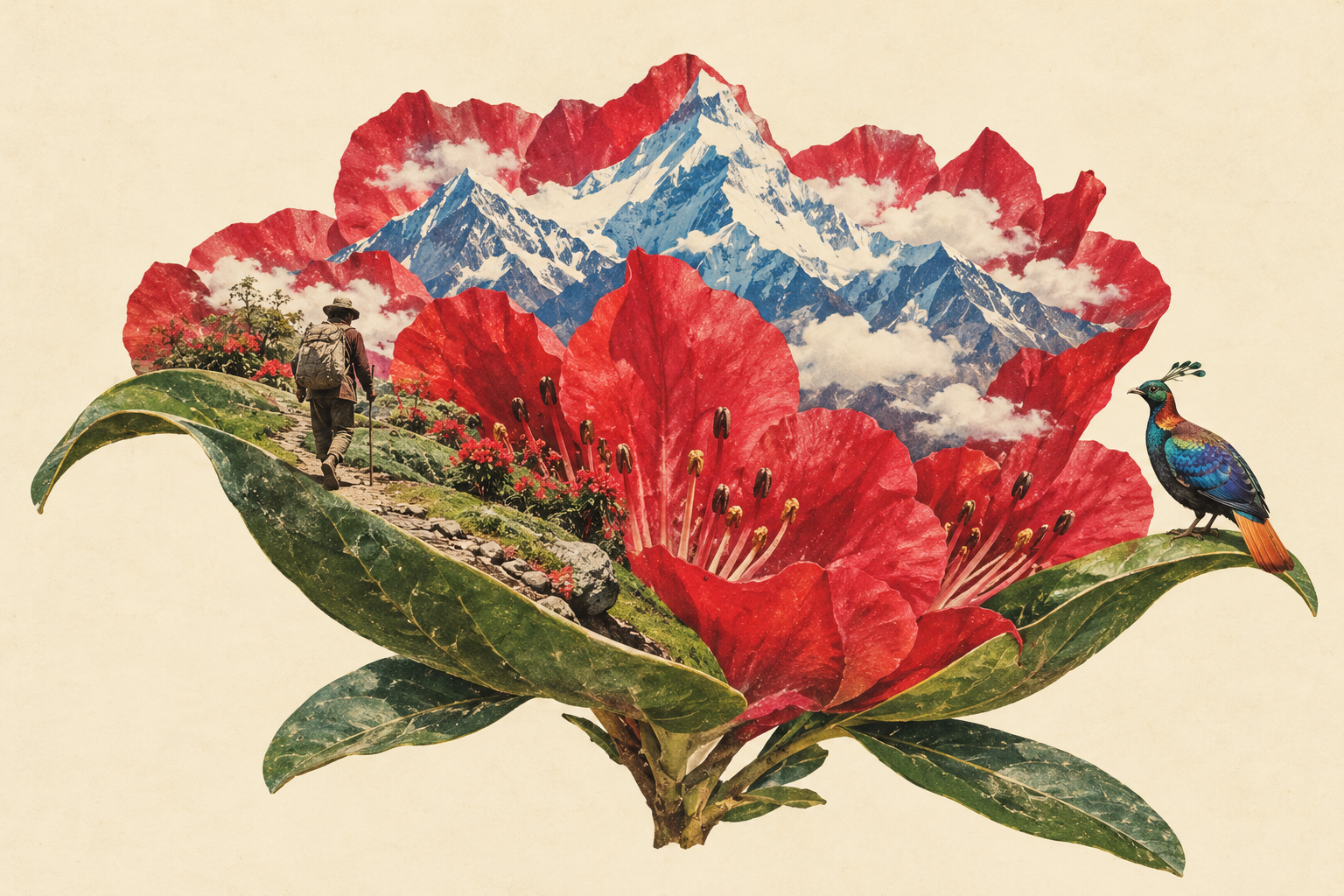 A collage of a rhododendron with an exotic bird, mountain peaks and a trekker in Nepal