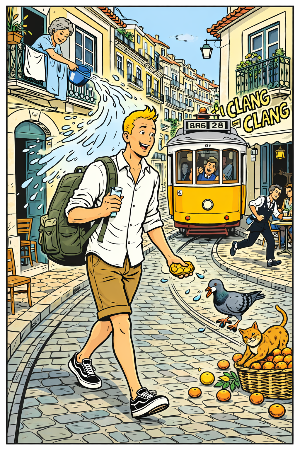 A traveler narrowly missed a bucket of water a woman is pouring from a window as a tram car approaches, a waiter runs past a cafe and a cat sits on a basket of oranges in Lisbon, Portugal