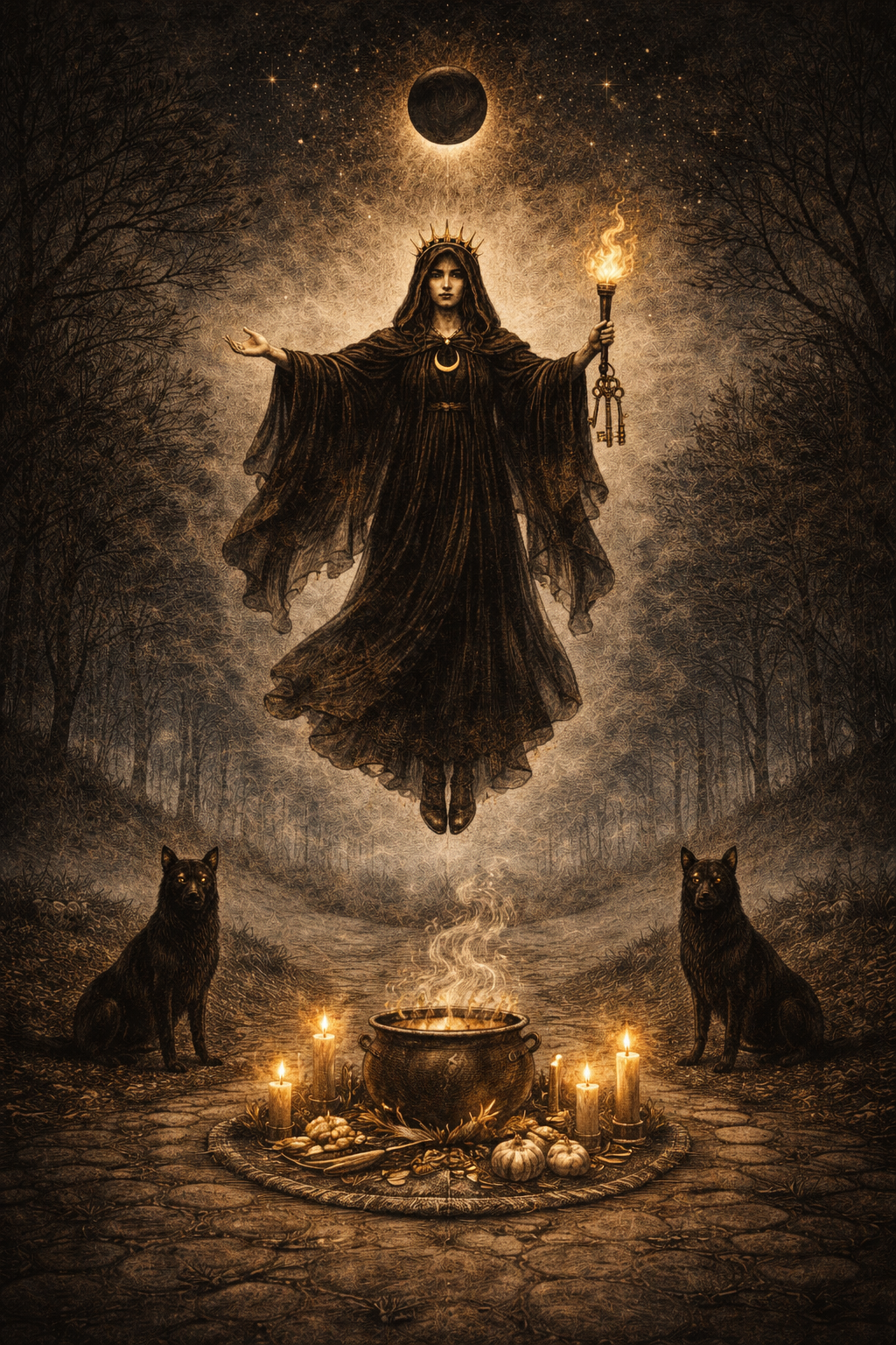 The goddess Hecate floats above a crossroads, where a cauldron simmers and people have left her a supper of garlic with candles, as two black dogs sit to either side