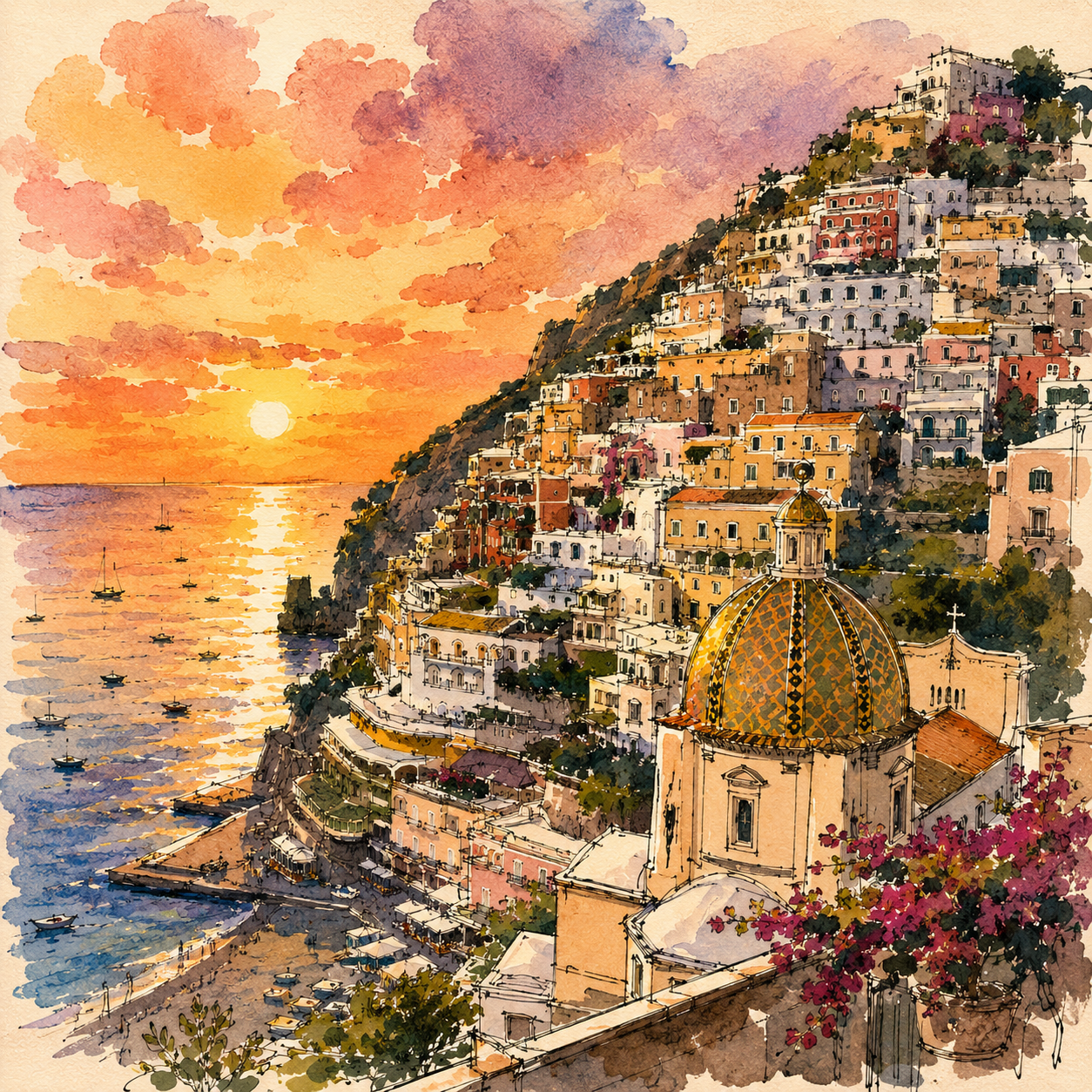 Sunset along the coast of Positano, Italy, with buildings perched on the hillside