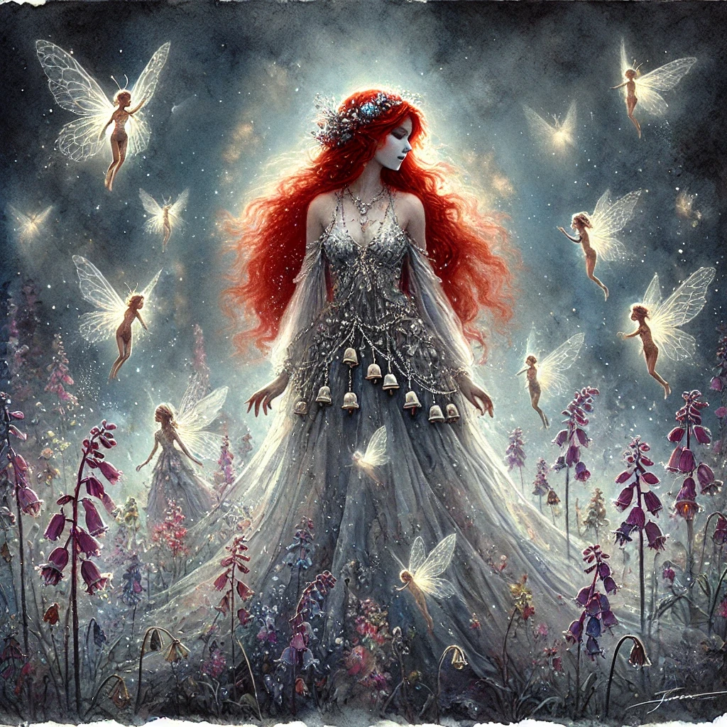 A red-haired woman wears a silvery dress and strings of bells to attract fairies, which surround her amid flowers