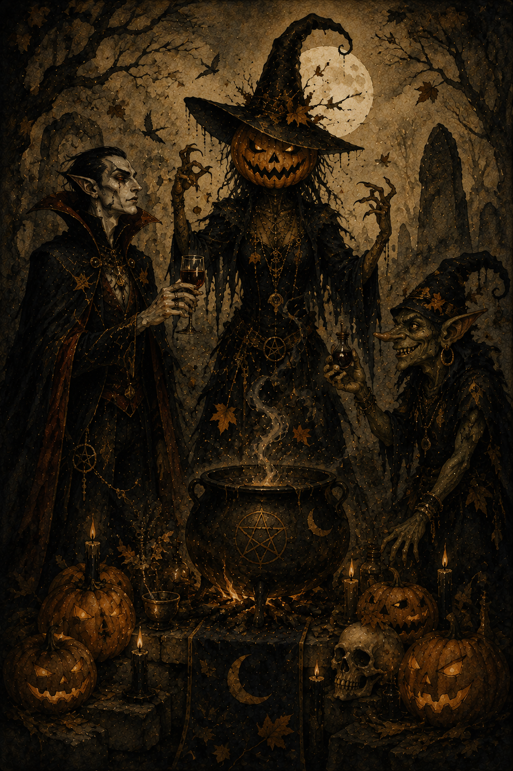 A vampire, jack-o'-lantern-headed witch and goblin cast a Samhain ritual around a cauldron