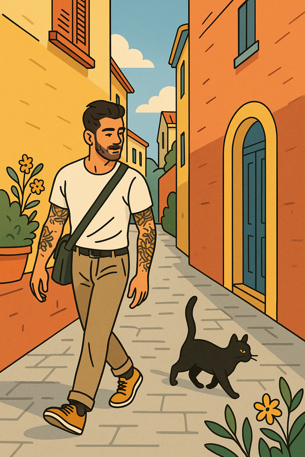 A man walks down a charming alley smiling down at a black cat